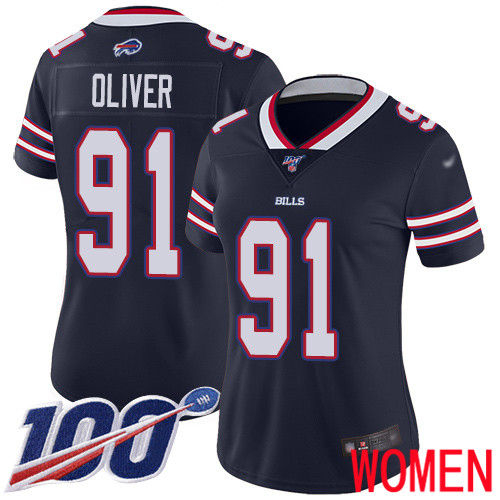 Women Buffalo Bills #91 Ed Oliver Limited Navy Blue Inverted Legend 100th Season NFL Jersey->buffalo bills->NFL Jersey